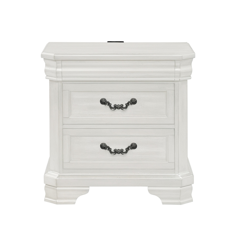 Benjara Lynda Nightstand- 2 Drawers Metal Handles- White Acacia Wood 27 Inch
