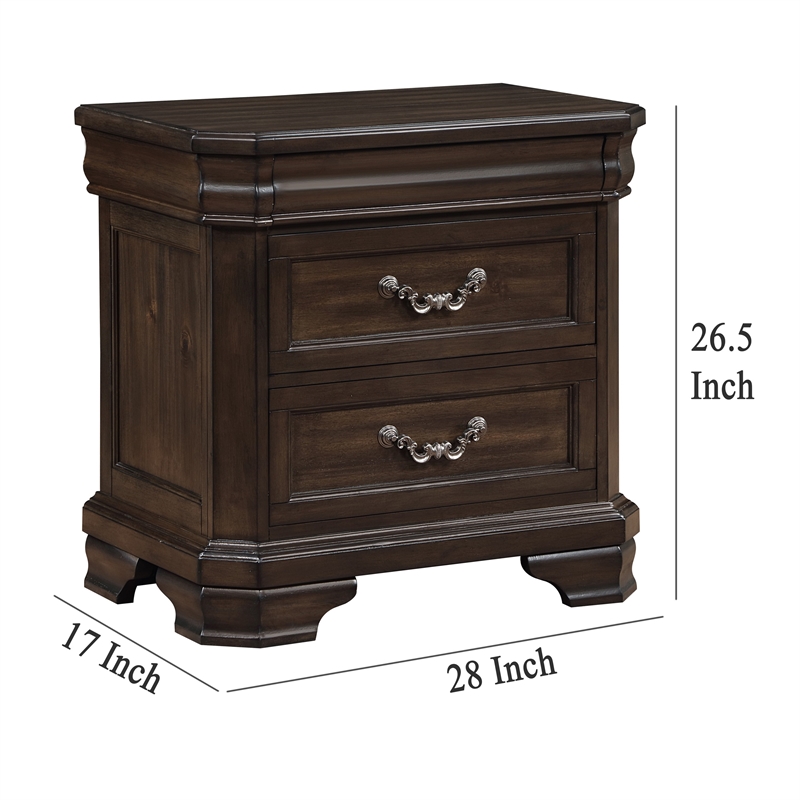 Benjara Lynda Nightstand- 2 Drawers Metal Handles- Brown Acacia Wood- 28 Inch