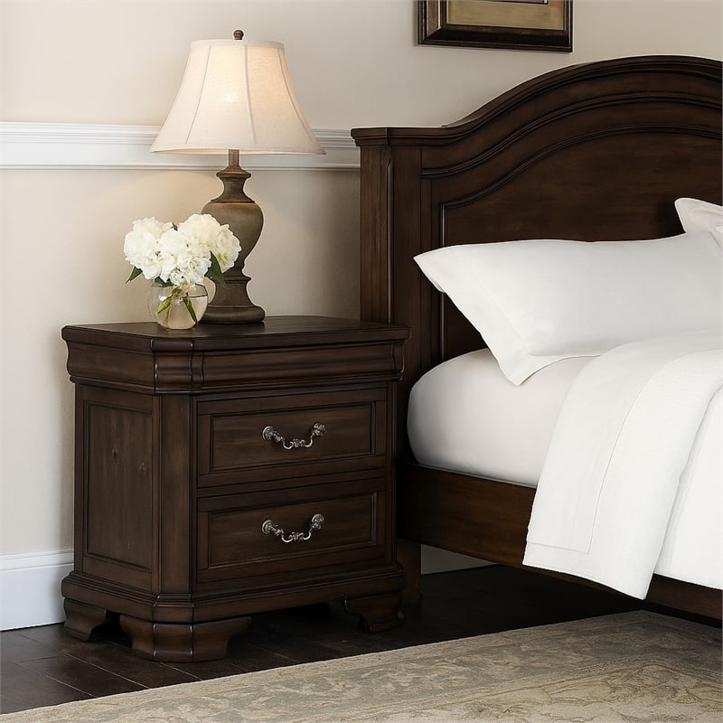 Benjara Lynda Nightstand- 2 Drawers Metal Handles- Brown Acacia Wood- 28 Inch