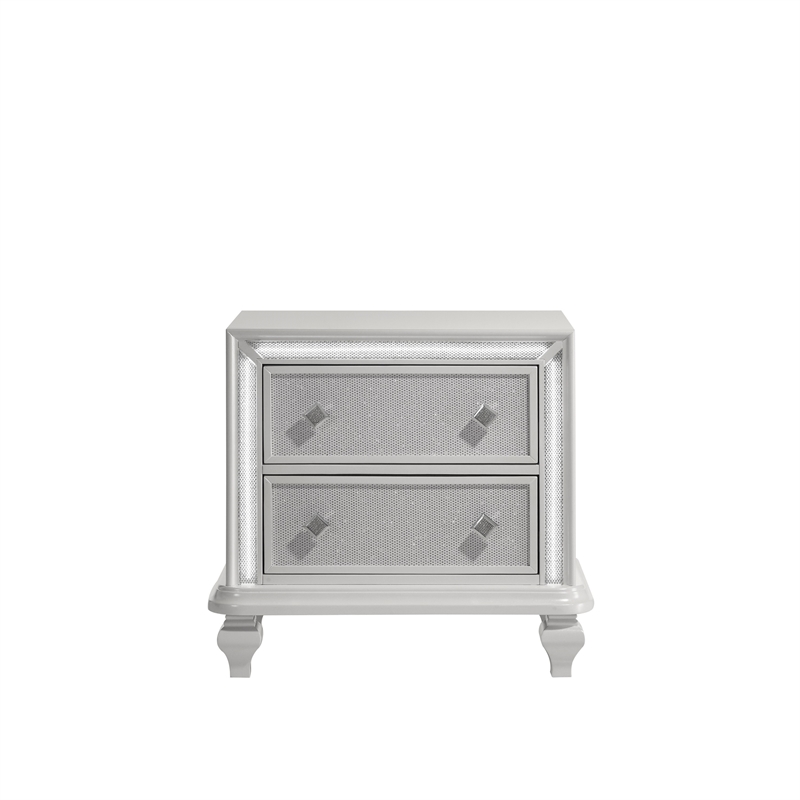 Benjara Stacy Nightstand with 2 Drawers and LED Lights- Silver and White Wood