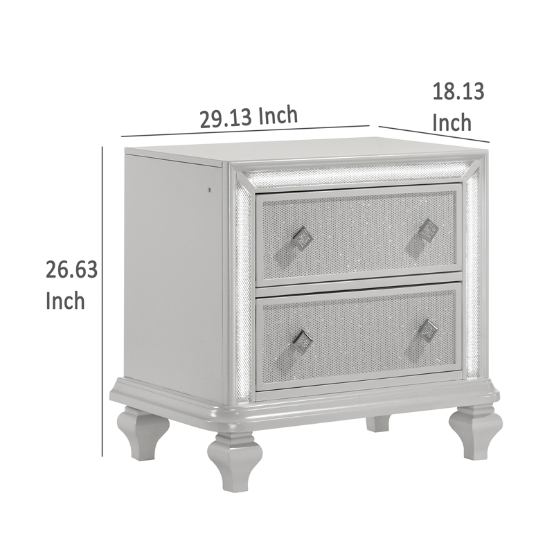 Benjara Stacy Nightstand with 2 Drawers and LED Lights- Silver and White Wood