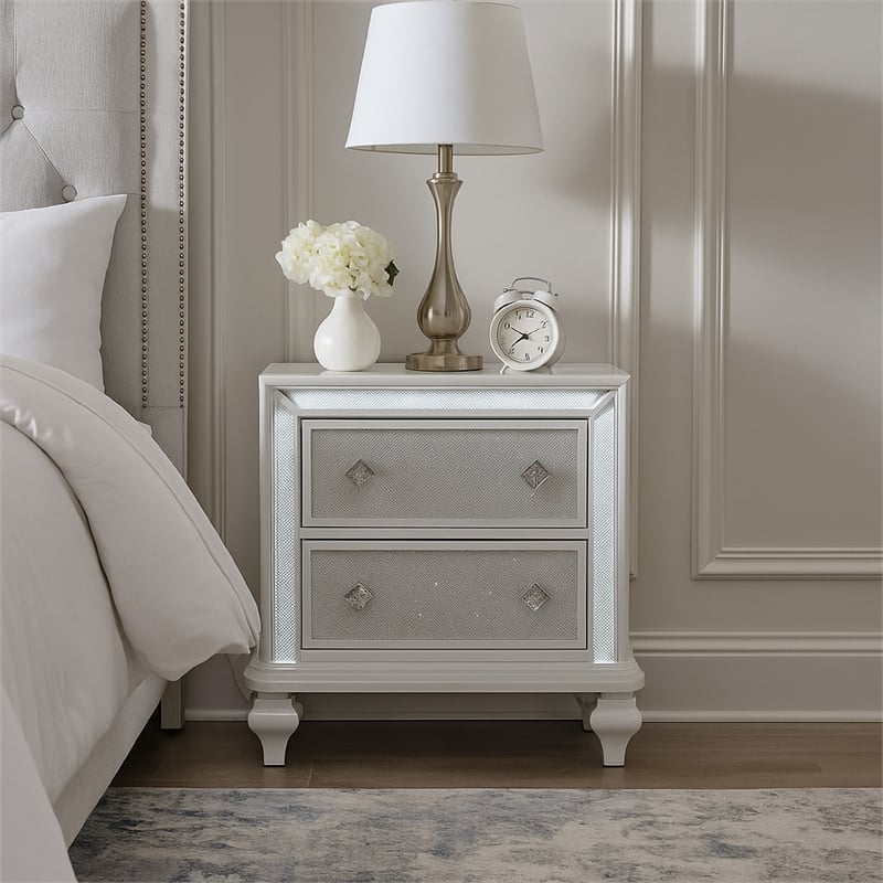 Benjara Stacy Nightstand with 2 Drawers and LED Lights- Silver and White Wood