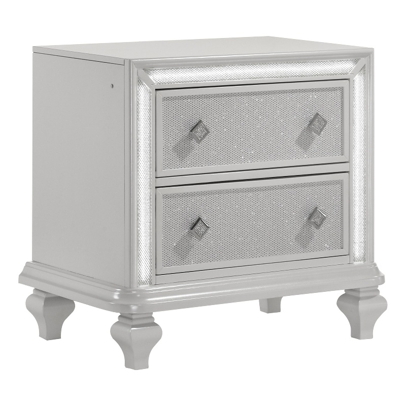 Benjara Stacy Nightstand with 2 Drawers and LED Lights- Silver and White Wood