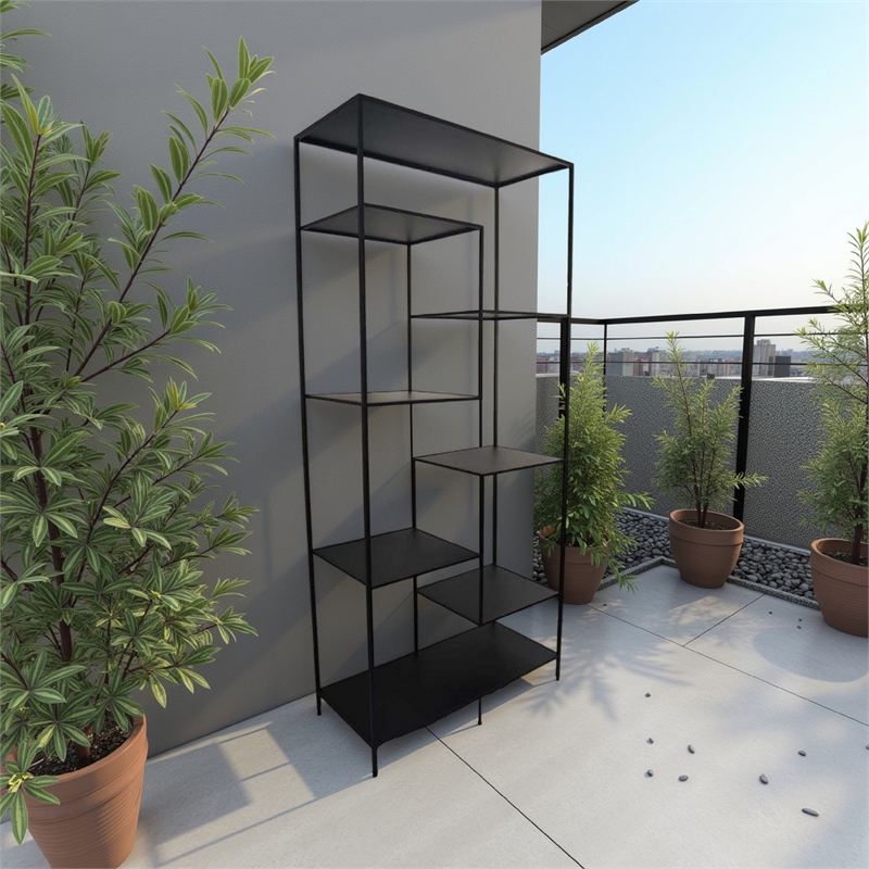 Benjara Dean Plant Stand with 8 Shelves and Tiered Design- Black Metal 80 Inch