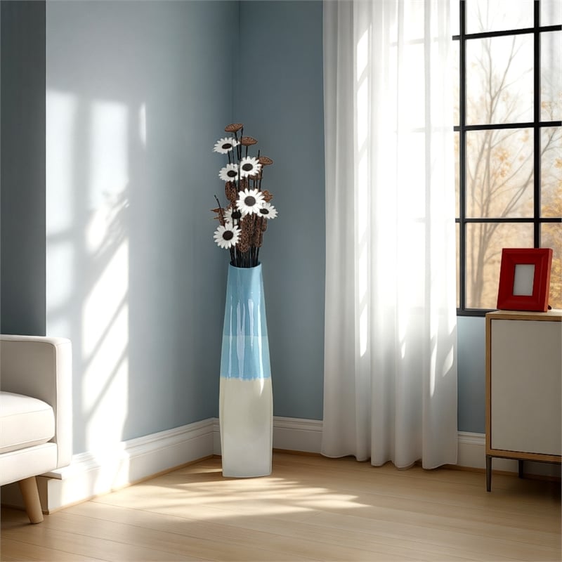 Benjara Cobb Accent Vase- Slender Silhouette Blue White Ceramic 27 Inch