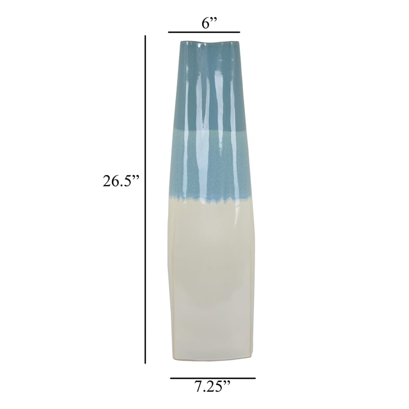 Benjara Cobb Accent Vase- Slender Silhouette Blue White Ceramic 27 Inch