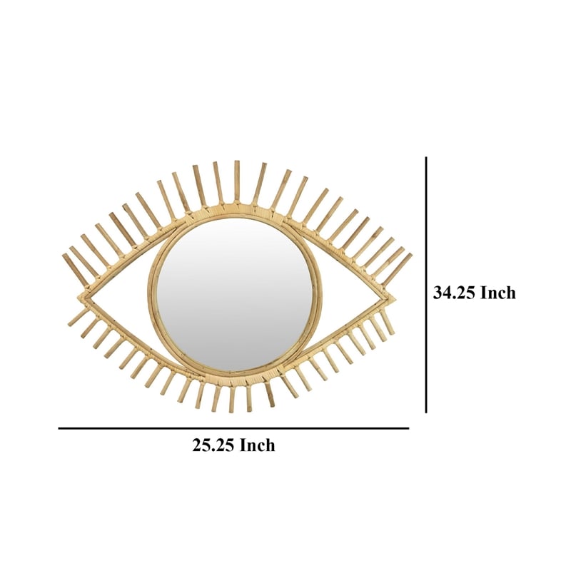 Benjara Eric Round Mirror Wall Decor- Eye Shaped Brown Natural Fiber 34 Inch