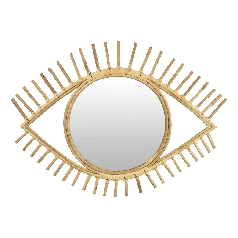 Benjara Eric Round Mirror Wall Decor- Eye Shaped Brown Natural Fiber 34 Inch