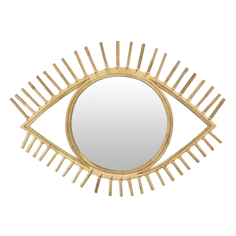 Benjara Eric Round Mirror Wall Decor- Eye Shaped Brown Natural Fiber 34 Inch