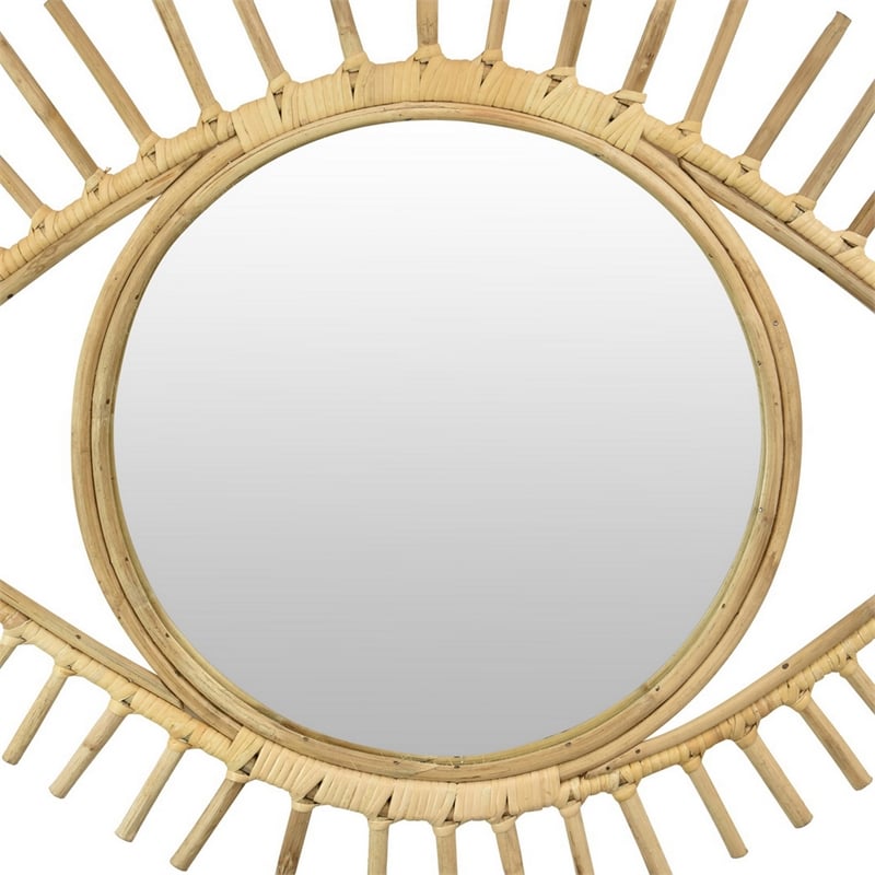 Benjara Eric Round Mirror Wall Decor- Eye Shaped Brown Natural Fiber 34 Inch
