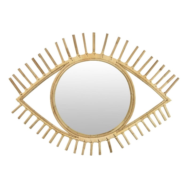 Benjara Eric Round Mirror Wall Decor- Eye Shaped Brown Natural Fiber 34 Inch