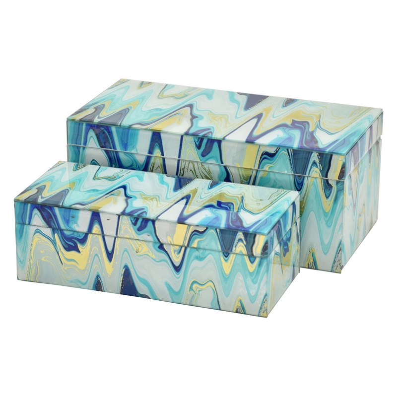 Benjara Jenny Small Decorative Box Set of 2- Abstract Marbled Teal Blue Glass
