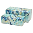 Benjara Jenny Small Decorative Box Set of 2- Abstract Marbled Teal Blue Glass