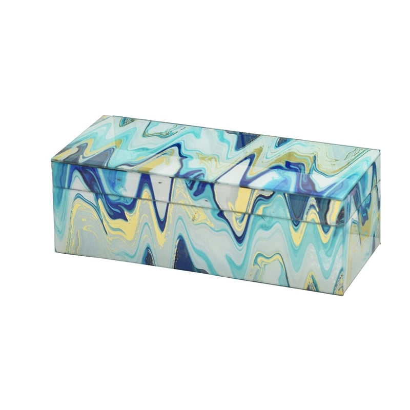 Benjara Jenny Small Decorative Box Set of 2- Abstract Marbled Teal Blue Glass
