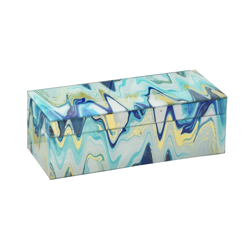 Benjara Jenny Small Decorative Box Set of 2- Abstract Marbled Teal Blue Glass