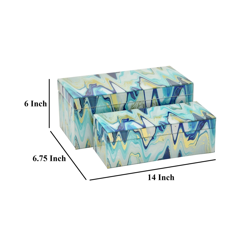 Benjara Jenny Small Decorative Box Set of 2- Abstract Marbled Teal Blue Glass