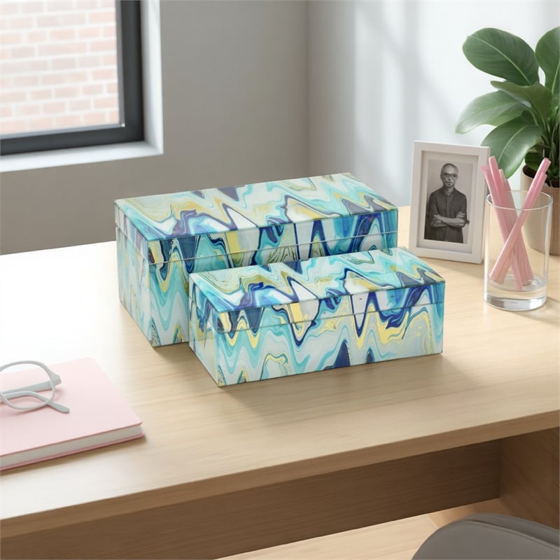 Benjara Jenny Small Decorative Box Set of 2- Abstract Marbled Teal Blue Glass