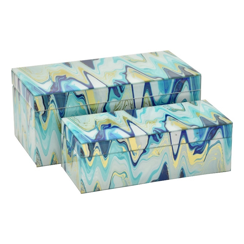 Benjara Jenny Small Decorative Box Set of 2- Abstract Marbled Teal Blue Glass
