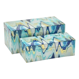 Benjara Jenny Small Decorative Box Set of 2- Abstract Marbled Teal Blue Glass