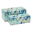 Benjara Jenny Small Decorative Box Set of 2- Abstract Marbled Teal Blue Glass
