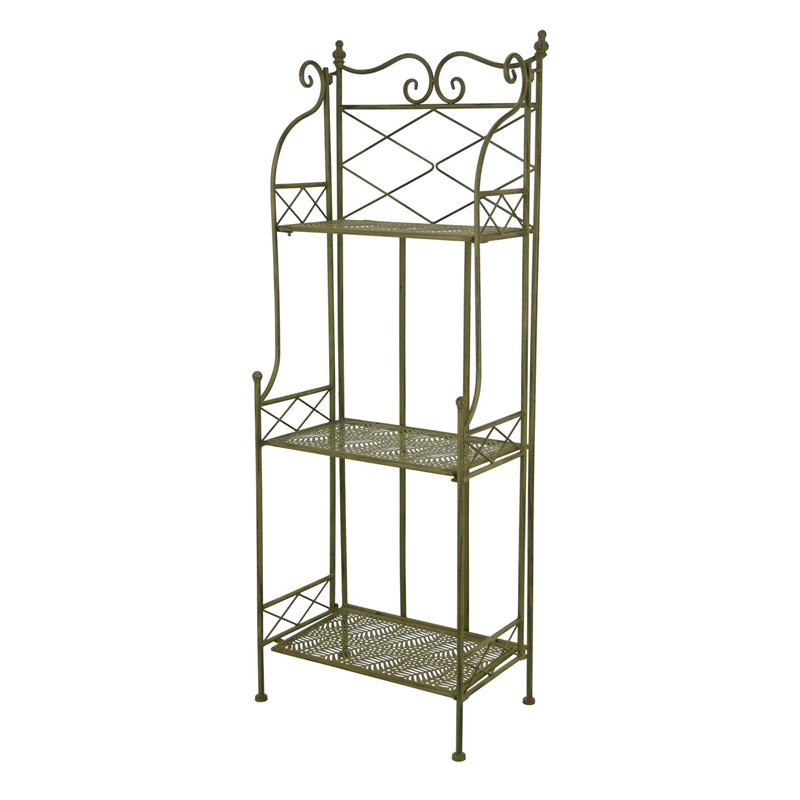 Benjara Monty Plant Stand- 3 Tier Shelves Classic Scrolled Green Metal 44 Inch