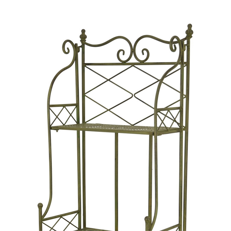 Benjara Monty Plant Stand- 3 Tier Shelves Classic Scrolled Green Metal 44 Inch