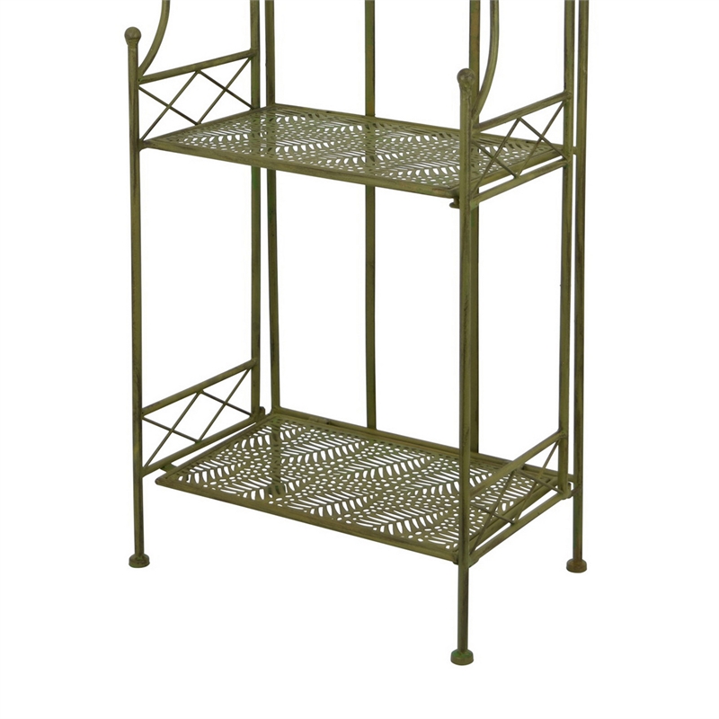Benjara Monty Plant Stand- 3 Tier Shelves Classic Scrolled Green Metal 44 Inch