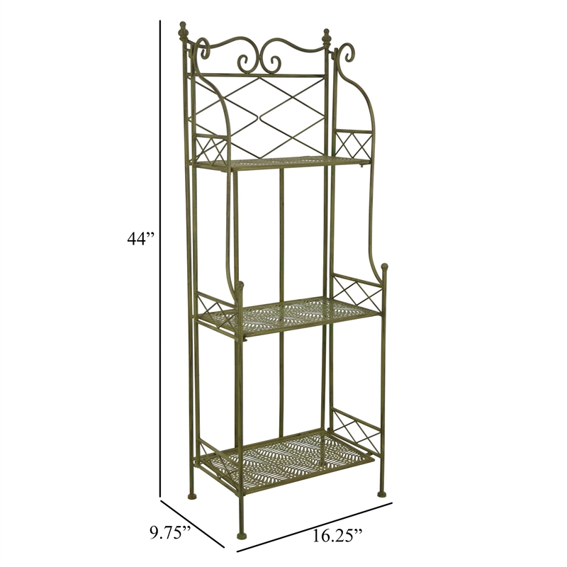 Benjara Monty Plant Stand- 3 Tier Shelves Classic Scrolled Green Metal 44 Inch