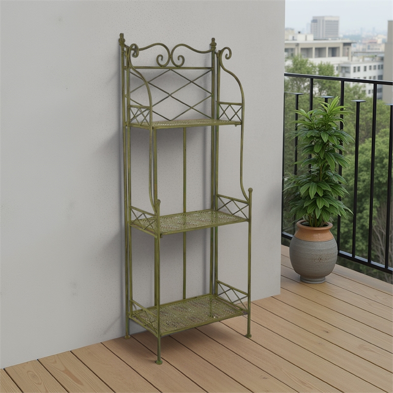 Benjara Monty Plant Stand- 3 Tier Shelves Classic Scrolled Green Metal 44 Inch
