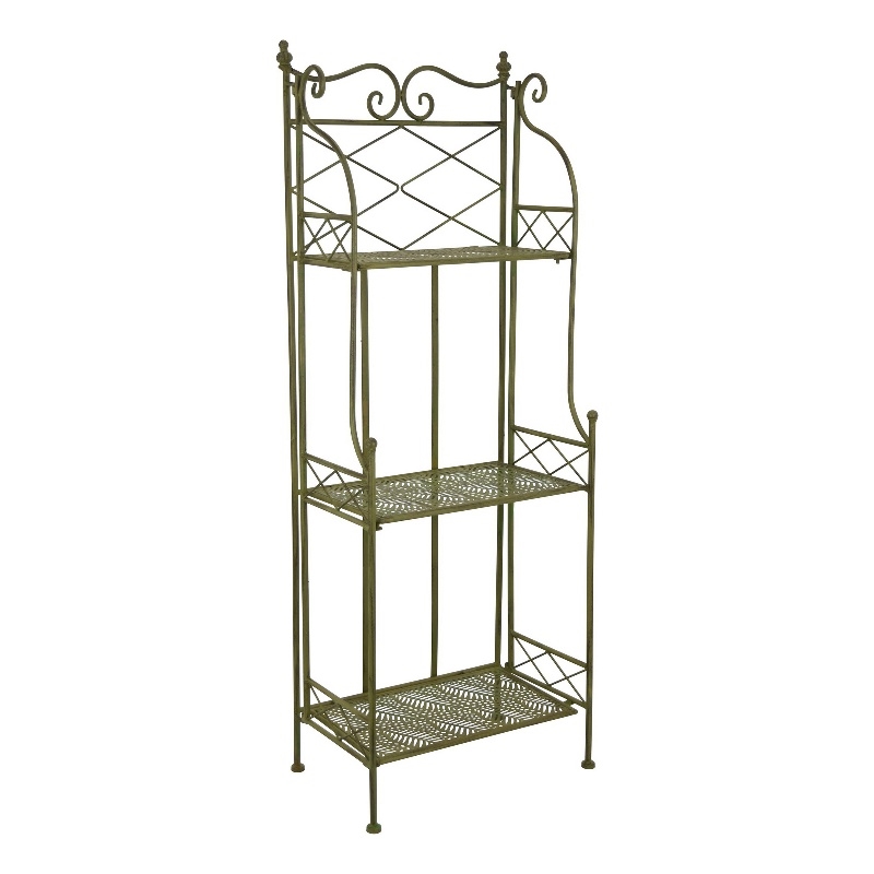 Benjara Monty Plant Stand- 3 Tier Shelves Classic Scrolled Green Metal 44 Inch
