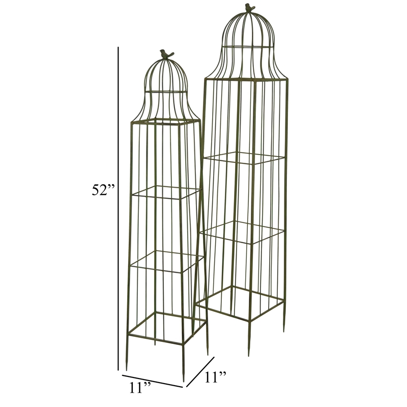 Benjara Meryl Plant Trellis Set of 2- Garden Tall Cage Design- Green Metal
