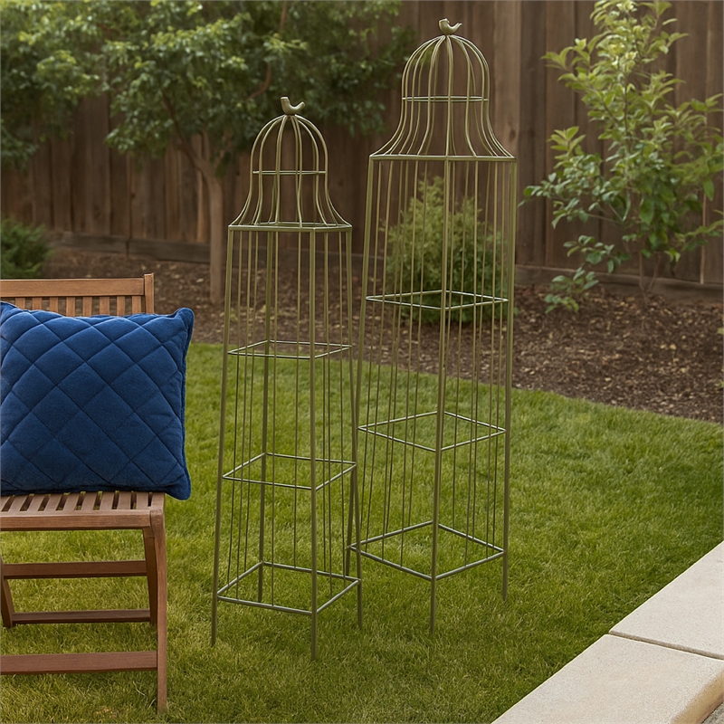 Benjara Meryl Plant Trellis Set of 2- Garden Tall Cage Design- Green Metal