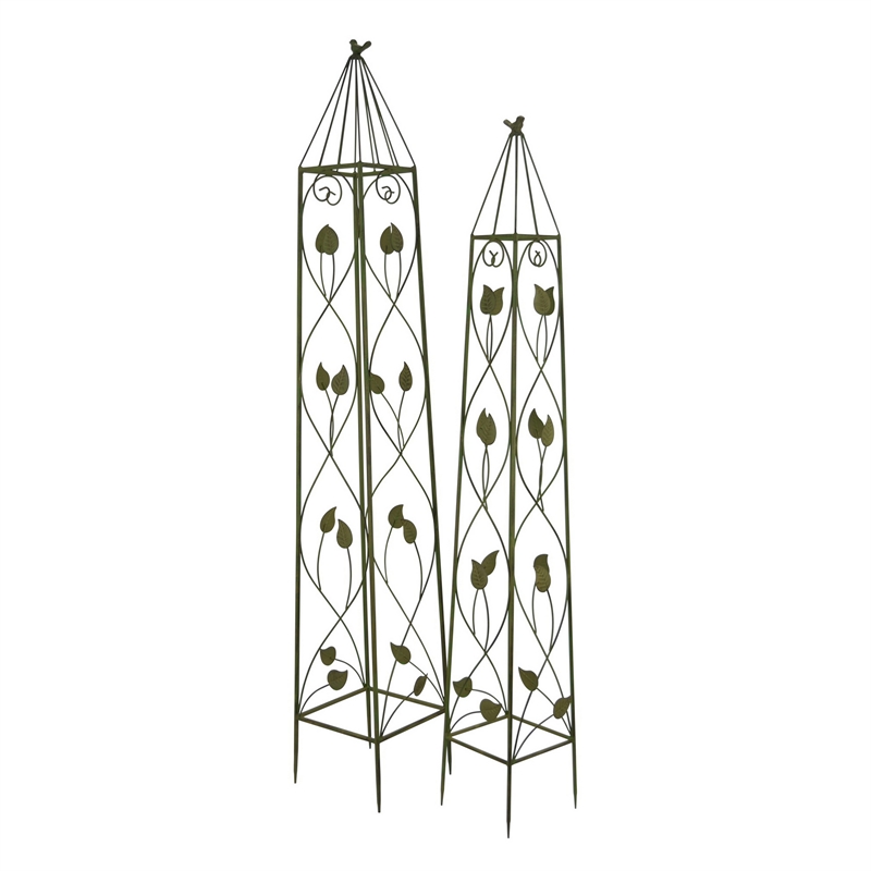 Benjara Kanye Garden Trellis Set of 2- Leaf Details Vertical Plant Green Metal