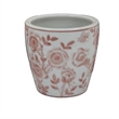 Benjara Kerry Accent Planter Pot Set of 4- Pink Floral Pattern- White Ceramic
