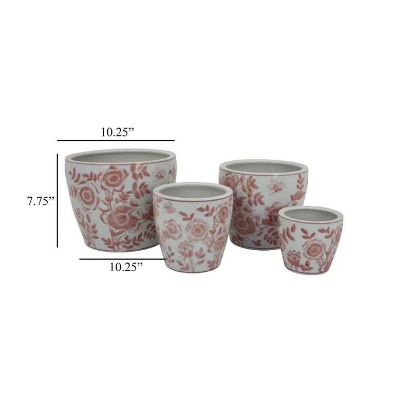 Benjara Kerry Accent Planter Pot Set of 4- Pink Floral Pattern- White Ceramic