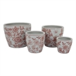 Benjara Kerry Accent Planter Pot Set of 4- Pink Floral Pattern- White Ceramic