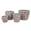 Benjara Kerry Accent Planter Pot Set of 4- Pink Floral Pattern- White Ceramic
