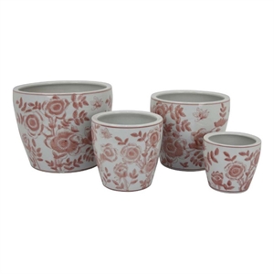 Benjara Kerry Accent Planter Pot Set of 4- Pink Floral Pattern- White Ceramic