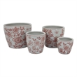 Benjara Kerry Accent Planter Pot Set of 4- Pink Floral Pattern- White Ceramic
