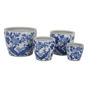 Benjara Kerry Accent Planter Pot Set of 4- Blue Floral Pottery- White Ceramic