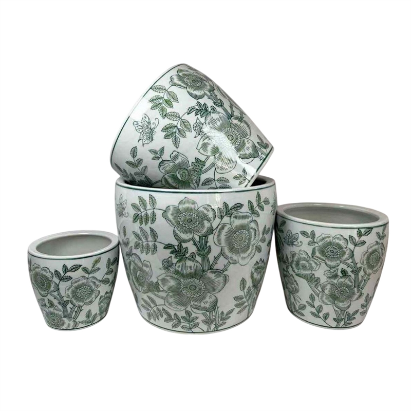 Benjara Kerry Accent Planter Pot Set of 4- Green Floral Pattern- White Ceramic