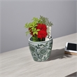 Benjara Kerry Accent Planter Pot Set of 4- Green Floral Pattern- White Ceramic
