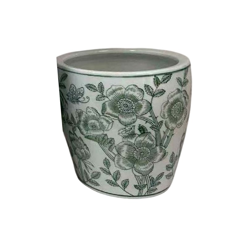 Benjara Kerry Accent Planter Pot Set of 4- Green Floral Pattern- White Ceramic