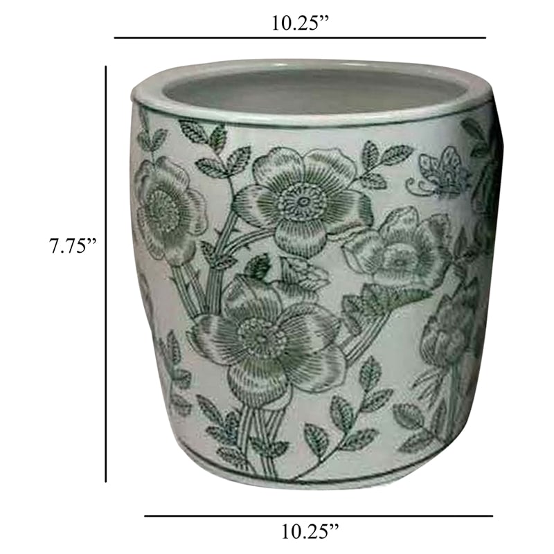 Benjara Kerry Accent Planter Pot Set of 4- Green Floral Pattern- White Ceramic