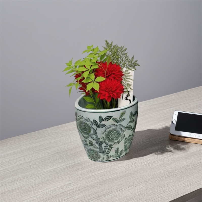 Benjara Kerry Accent Planter Pot Set of 4- Green Floral Pattern- White Ceramic