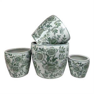 Benjara Kerry Accent Planter Pot Set of 4- Green Floral Pattern- White Ceramic