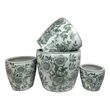 Benjara Kerry Accent Planter Pot Set of 4- Green Floral Pattern- White Ceramic
