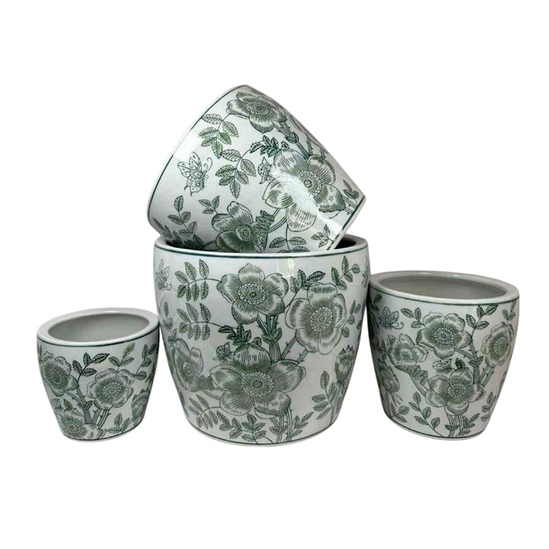 Benjara Kerry Accent Planter Pot Set of 4- Green Floral Pattern- White Ceramic