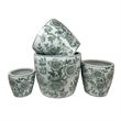 Benjara Kerry Accent Planter Pot Set of 4- Green Floral Pattern- White Ceramic