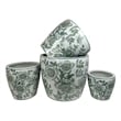 Benjara Kerry Accent Planter Pot Set of 4- Green Floral Pattern- White Ceramic